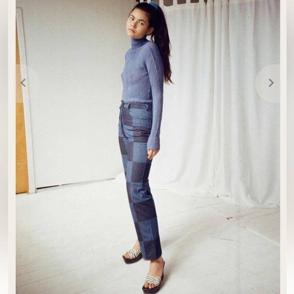 Checkered Jeans High Rise Straight Denim - Picture 4 of 16